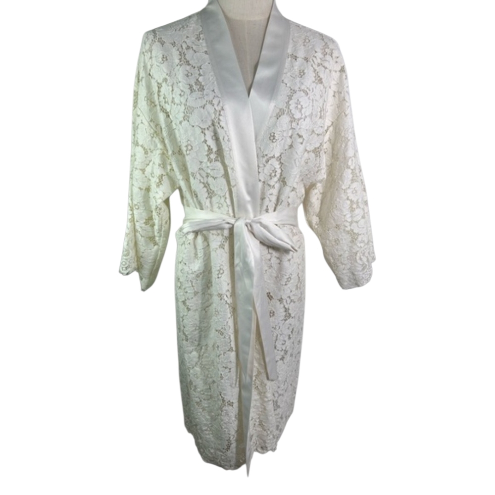 Soma Robe All Over Lace Size L/XL Ivory Satin Details Attached Belt - Picture 5 of 16